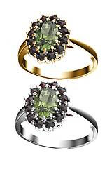 Prstene - Strieborný prsteň 925 Kamélia s prírodnými granátmi a vltavínom, prsteň s prírodnými granátmi a vltavínom v bielom a zla - 13884506_