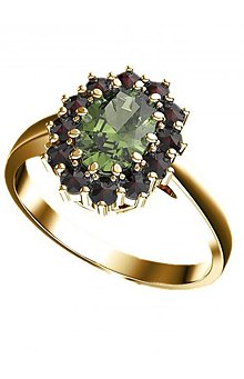 Prstene - Strieborný prsteň 925 Kamélia s prírodnými granátmi a vltavínom, prsteň s prírodnými granátmi a vltavínom v bielom a zla (žlté zlato 59 mm) - 13884568_