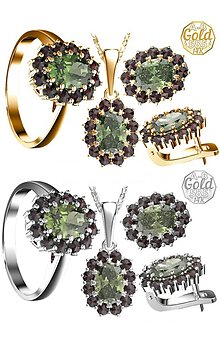 Sady šperkov - Sada šperkov Camellia, prívesok, náušnice a prsteň s vltavínom a granátmi striebrom, bielym a žltým zlatom (žlté zlato) - 13901233_