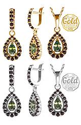 Sady šperkov - Sada šperkov Andromeda, prívesok a náušnice s vltavínom a granátmi striebrom,a granátmi striebrom, bielym a žltým zlatom - 13906023_