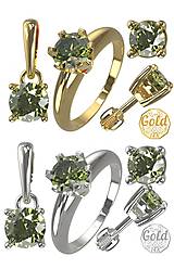 Sady šperkov - Sada šperkov s okrúhlym vltavínom, prívesok, náušnice a prsteň striebrom, bielym a žltým zlatom - 13906877_