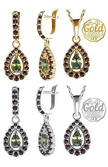 Sady šperkov - Sada šperkov Andromeda, prívesok a náušnice s vltavínom a granátmi striebrom,a granátmi striebrom, bielym a žltým zlatom (žlté zlato) - 13906068_