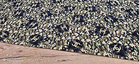 Textil - Teplákovina - Maskáč Mickey zeleno zlatá - cena za 10 centimetrov - 13912978_