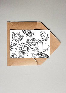 Papiernictvo - Vianočná pohľadnica na vymaľovanie “Zdobenie medovníkov” (Čierno-biela) - 13923568_