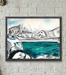 Obrazy - Akvarelový obraz Zimné hory a jazero - 13927809_