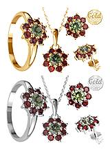 Sady šperkov - Súprava šperkov vianočná hviezda s prírodnými českými granátmi a vltavínom v striebornom, bielom a žltom zlate - 13927773_