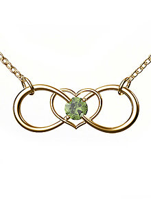 Náhrdelníky - Náhrdelník infinity v tvare srdca s prírodným českým vltavínom v striebornom, bielom a žltom zlate (žlté zlato) - 13928064_