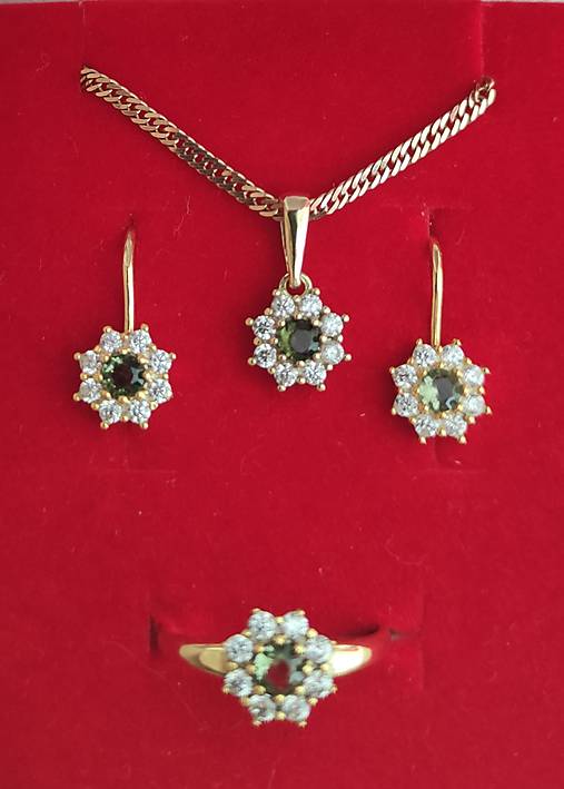 Súprava šperkov Snežienka s prírodným českým vltavínom a kubickým zirkónom v striebre a pozlátenom striebre