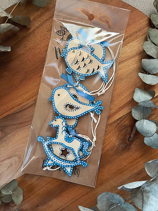 Dekorácie - Sada drevených ozdôb - Folk modrá - 13946856_