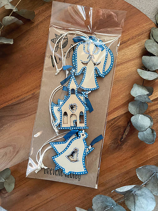 Dekorácie - Sada drevených ozdôb - Folk modrá - 13946866_