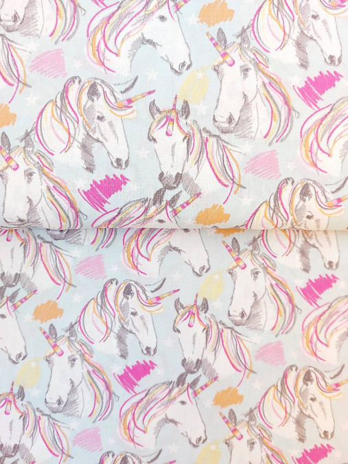 Textil - 100% premium bavlna, jednorožce na svetlomodrej - 13944714_