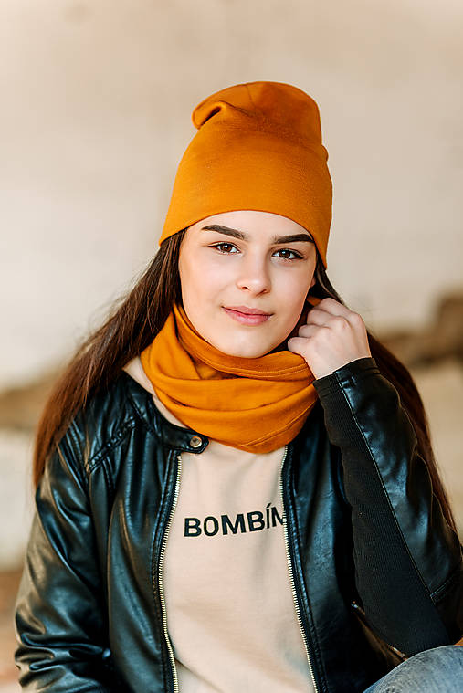 Čiapky, čelenky, klobúky - 100% merino zimný set-horčica - 13942894_