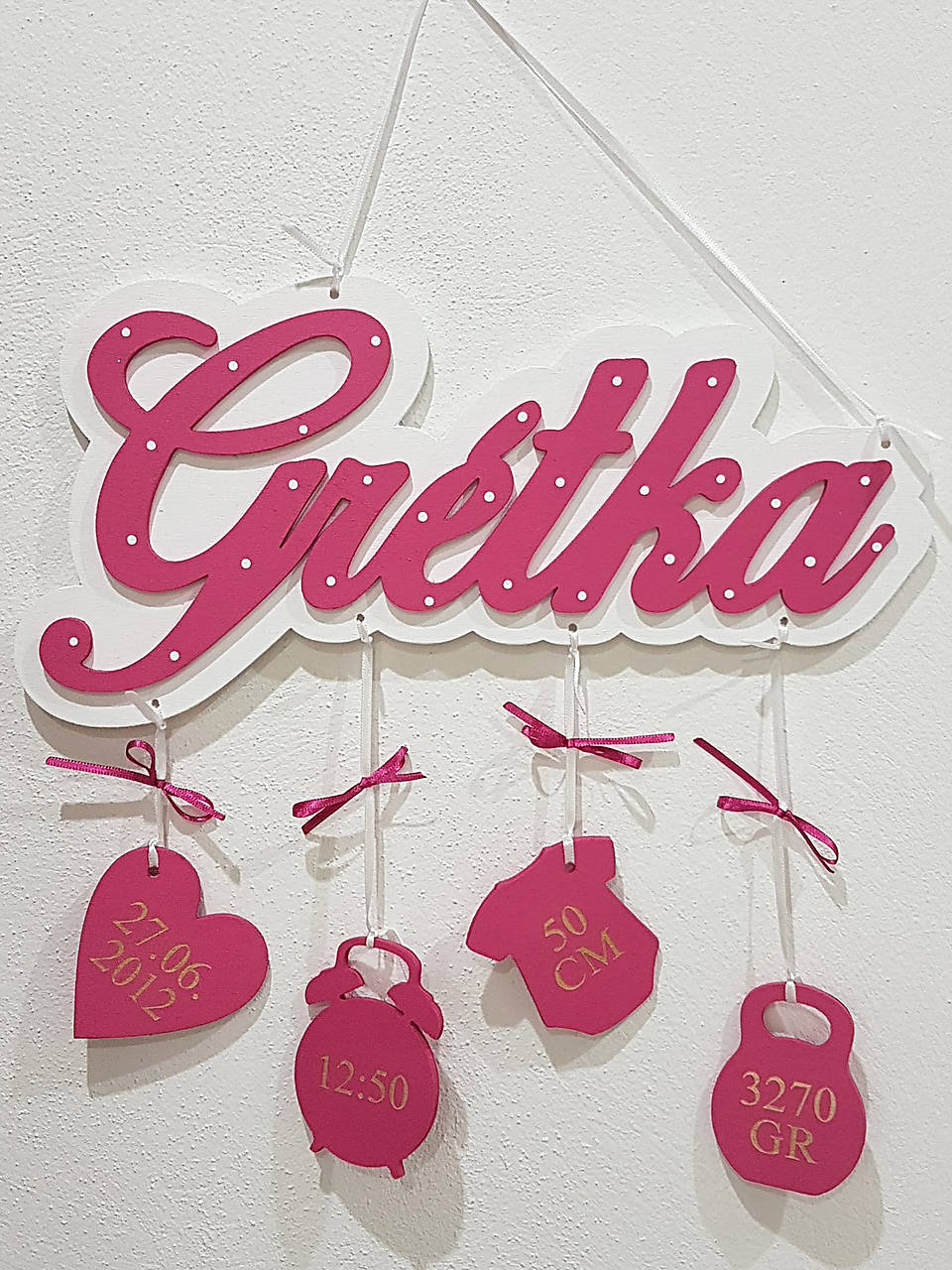 Drevené meno s obrysom a údajmi + bodky na mene