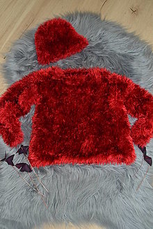 Detské súpravy - Červený pletený set svetrík s čiapkou - 13949193_
