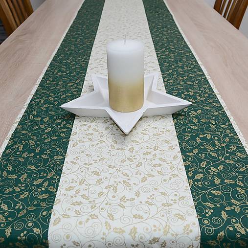 Úžitkový textil - IZABELA 1- zlaté cezmíny na zelenej a smotanovej - behúň  (180 cm x 40 cm) - 13947765_