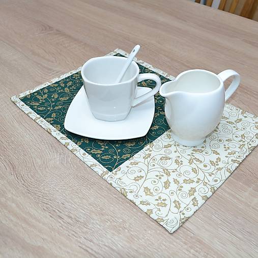 Úžitkový textil - IZABELA - zlaté cezmíny na zelenej a smotanovej - prestieranie 25x35                   - 13950131_