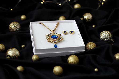 Darčekový set šujtášových šperkov - náhrdelník a náušnice (Modrý krištáľ)