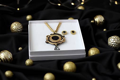 Darčekový set šujtášových šperkov - náhrdelník a náušnice (Čierny krištáľ)