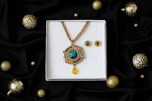 Darčekový set šujtášových šperkov - náhrdelník a náušnice (Modro-zelený krištáľ)