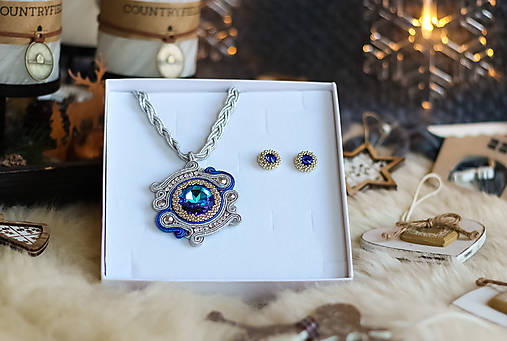 Darčekový set šujtášových šperkov - náhrdelník a náušnice (Modro-stieborná verzia)