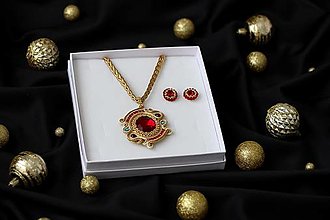 Sady šperkov - Darčekový set šujtášových šperkov - náhrdelník a náušnice (Červený krištáľ) - 13952519_