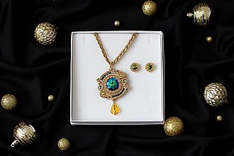 Sady šperkov - Darčekový set šujtášových šperkov - náhrdelník a náušnice (Modro-zelený krištáľ) - 13952571_