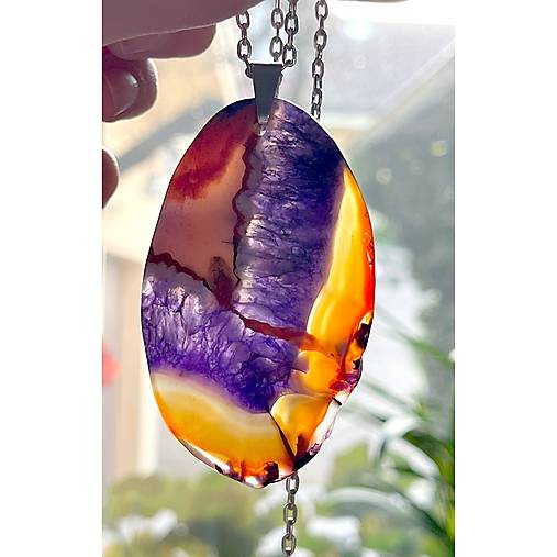 Slice Violet Orange Agate Pendant / Prívesok z minerálu achát plátkový