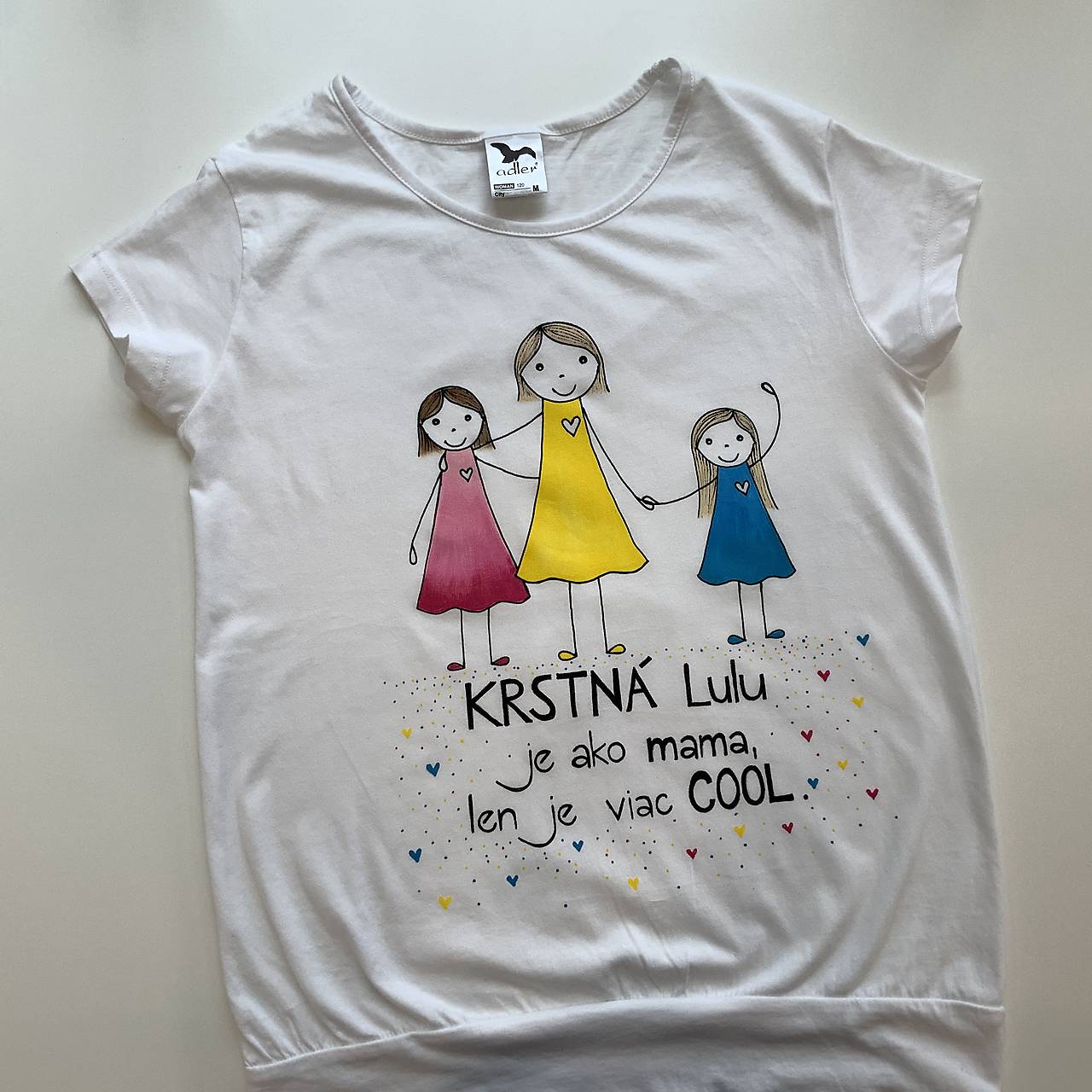 Originálne maľované tričko s 3 postavičkami (krstná + 2 dievčatá)