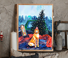 Obrazy - Vianočný psík akvarelovy obraz výtlačok (print) - 13959907_