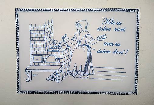 Úžitkový textil - Kuchynská plátená nástenka ručne vyšívaná "Kde sa dobre varí, tam sa dobre darí" (modrá) - 13962801_
