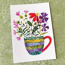 Papiernictvo - Dúhová záhradka v starom hrnčeku - pohľadnica - 13972517_