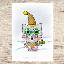Kresby - Roztomilé zverky v snehu ilustrácia - mačička (digital) - 13971810_