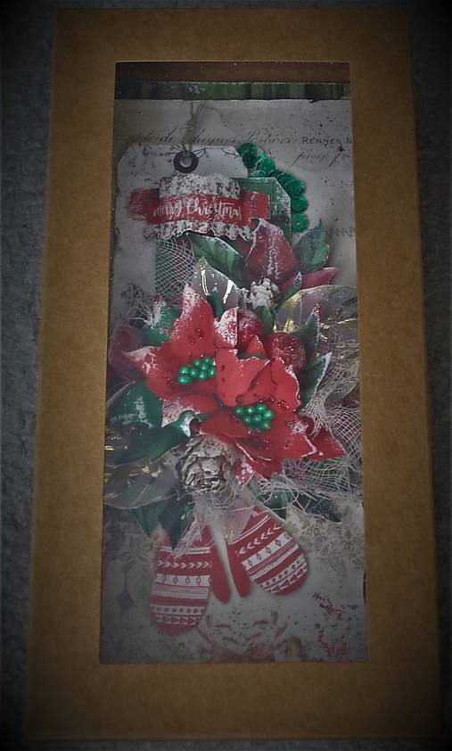 Podlhovastý vianočný pozdrav RUKAVIČKY v krabičke vhodné aj na peňažný dar