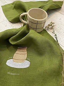 Úžitkový textil - Ľanová utierka- Kaki zelená  s výšivkou - 13977775_
