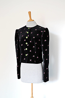 Saká - Zamatové čierne sako s vyšívanými fialovými kvietkami - 13975267_