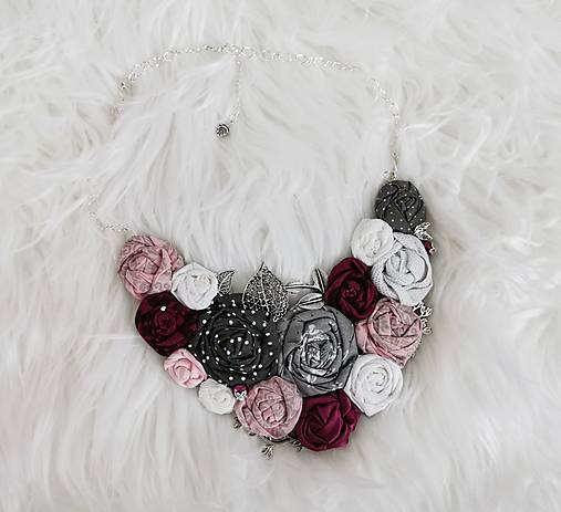 ART látkový náhrdelník 13 - ruže, bordová, čierna, biela, ružová