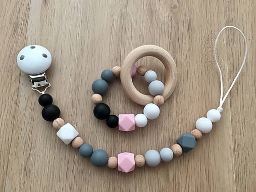 Detské doplnky - Set hryzátko + retiazka na cumlík "Pinky Grey" - 14007582_