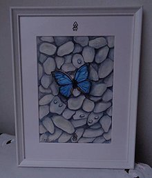 Obrazy - Motýľ na kamienkoch - akvarel (biely rámik) - 14014872_