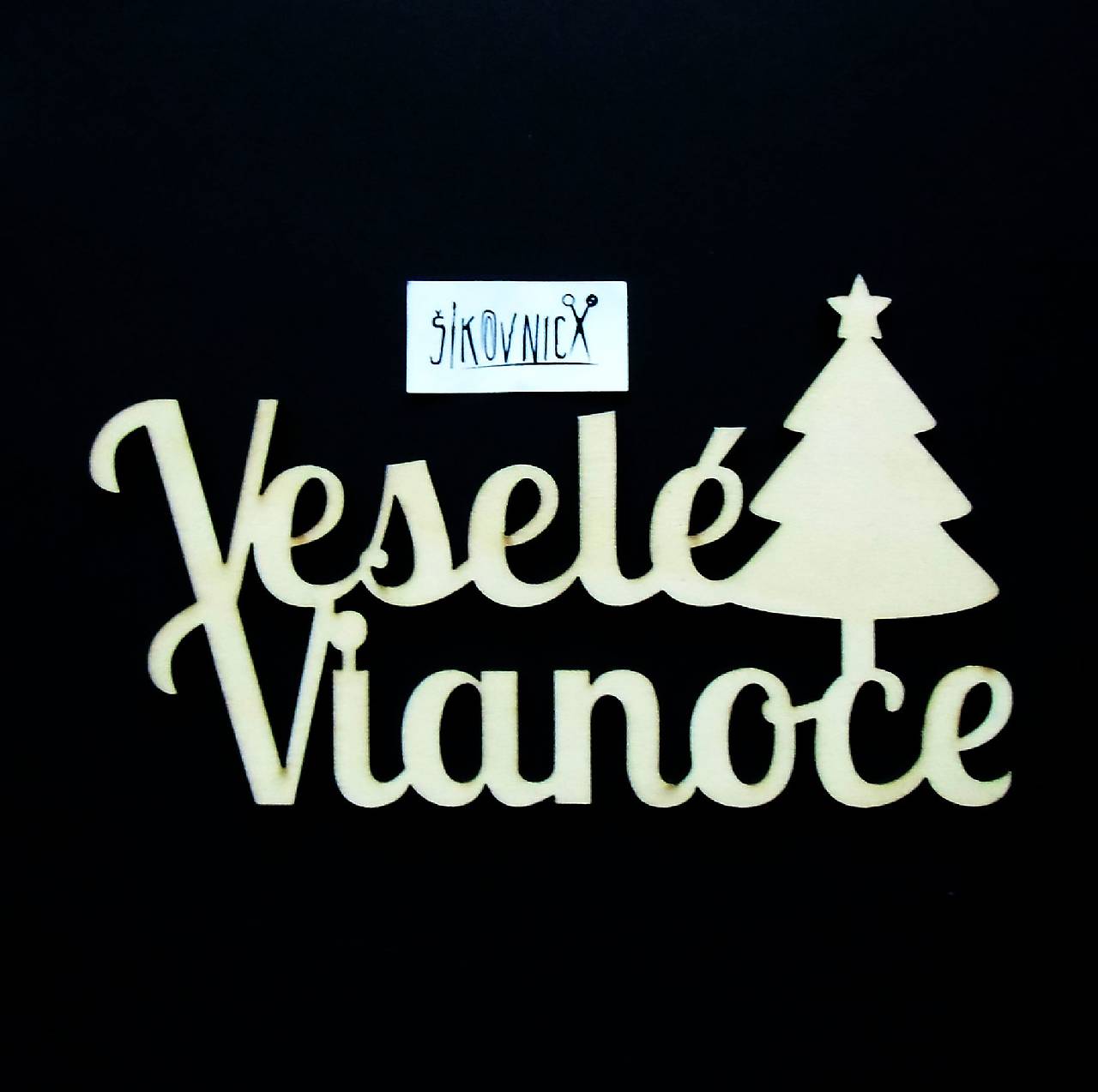 Výrez z preglejky, 20 cm (nápis Veselé Vianoce, stromček)
