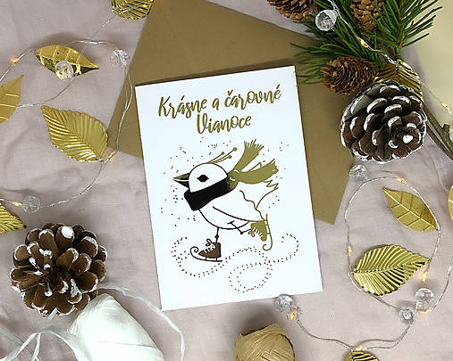 Vianočná pohľadnica biela - VTÁČIK sa korčuľuje