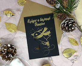 Papiernictvo - Vianočná pohľadnica čierna - VTÁČIK sa korčuľuje - 14026045_