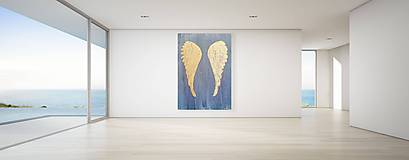 Predám obraz anjelské krídla farba modro zlatá na plátne maľované akrylom, technika zlátenie.