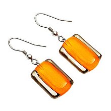 Náušnice - Oranžové náušnice, ručne vyrobené, české sklo zdobené platinou, obdĺžnikové - 14040164_