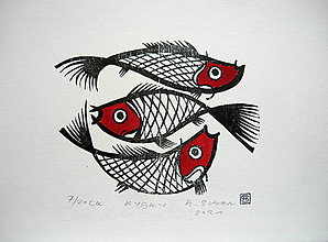 Grafika - drevorez - rybky (Červená) - 14040833_