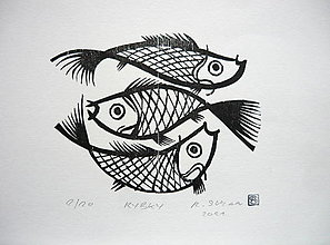 Grafika - drevorez - rybky (Čierna) - 14040839_