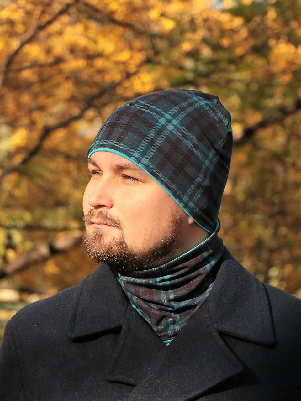 Káro tyrkys čiapka, nákrčník alebo set