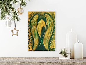 Obrazy - Predám abstraktný obraz anjela, akrylový obraz farba zeleno zlatá. Valentínsky, Vianočný, narodeninový, svadobný dar.  (Zlatá) - 14055215_