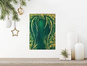 Obrazy - Predám abstraktný obraz anjela, akrylový obraz farba zeleno zlatá. Valentínsky, Vianočný, narodeninový, svadobný dar.  (Zelená) - 14055218_