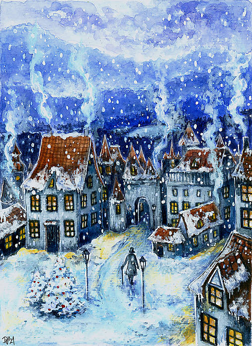 Sada 4 vianočných pohľadníc - Zimná Krajinka - Art Print