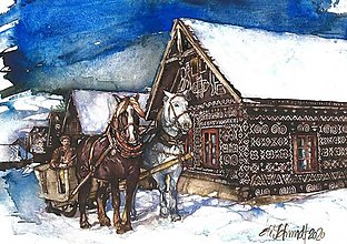 Grafika - Fine Art Print "Čičmany v zime" (21 x 30 cm) - 14071770_